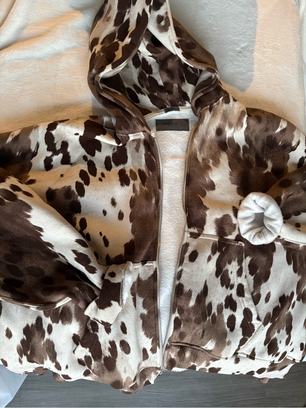 Unisex Brown & Cream Cow Print Abercrombie Hooded Zip Up